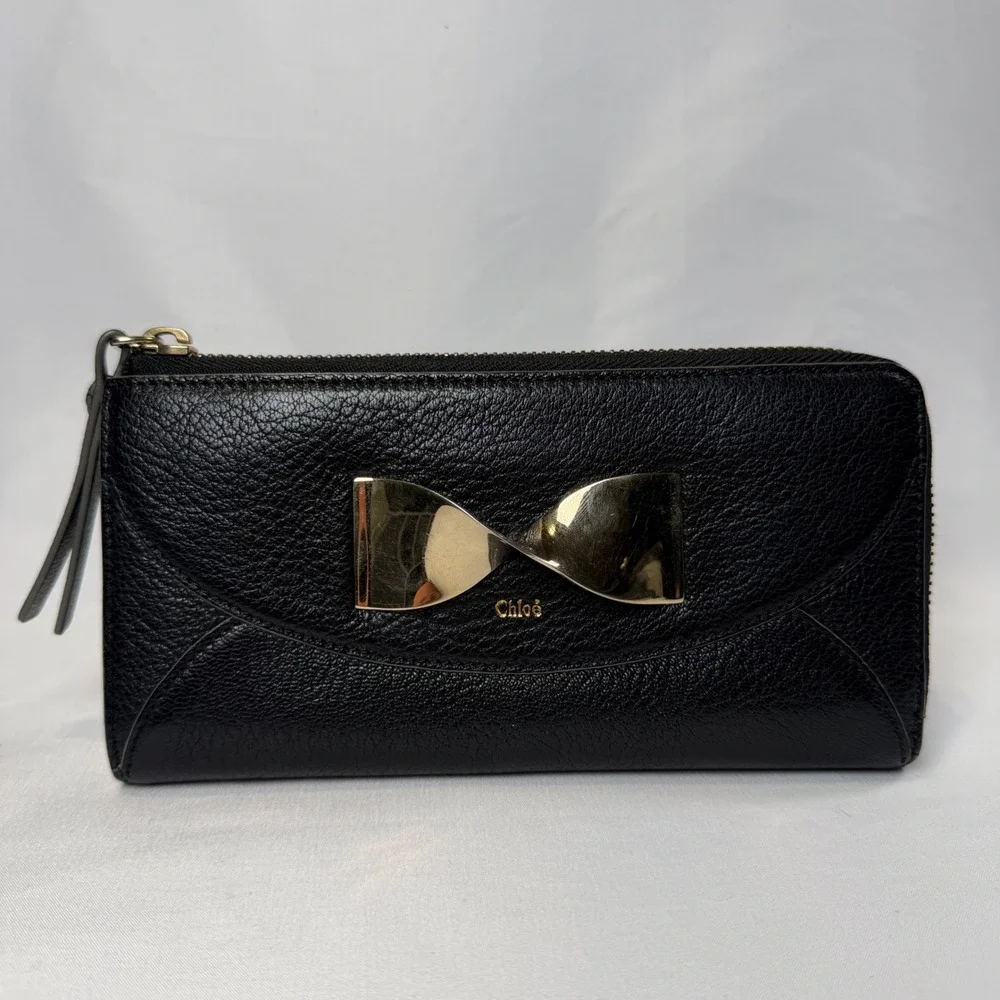 Chloe Twisted Bow Zip Around Wallet Womens Long Black Pebbled Leather Gold